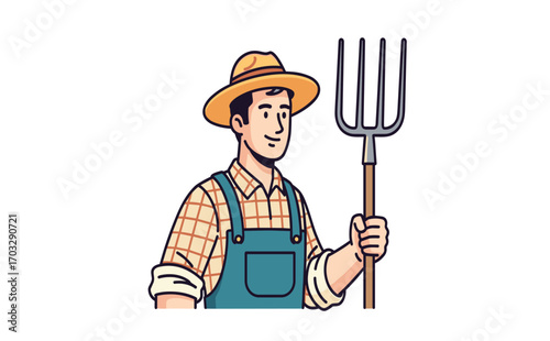 Farmer with Pitchfork in Straw Hat Standing Outdoor in Field