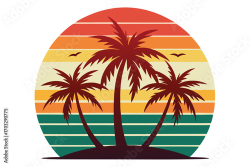 Three palm trees are silhouetted against a vibrant retro sunset, adding a summer vibe