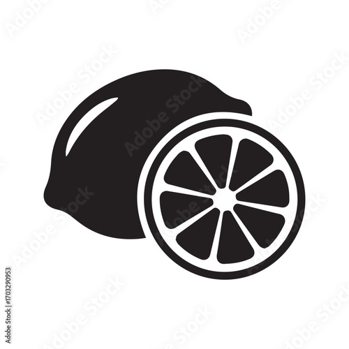 Lemon and slice icon. Black citrus fruit silhouette, simple vector graphic for fresh food, juice or lemonade.
