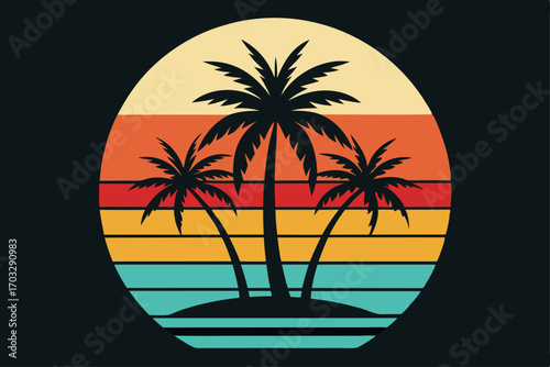 Three black palm trees stand proudly on a tranquil island against the sunset