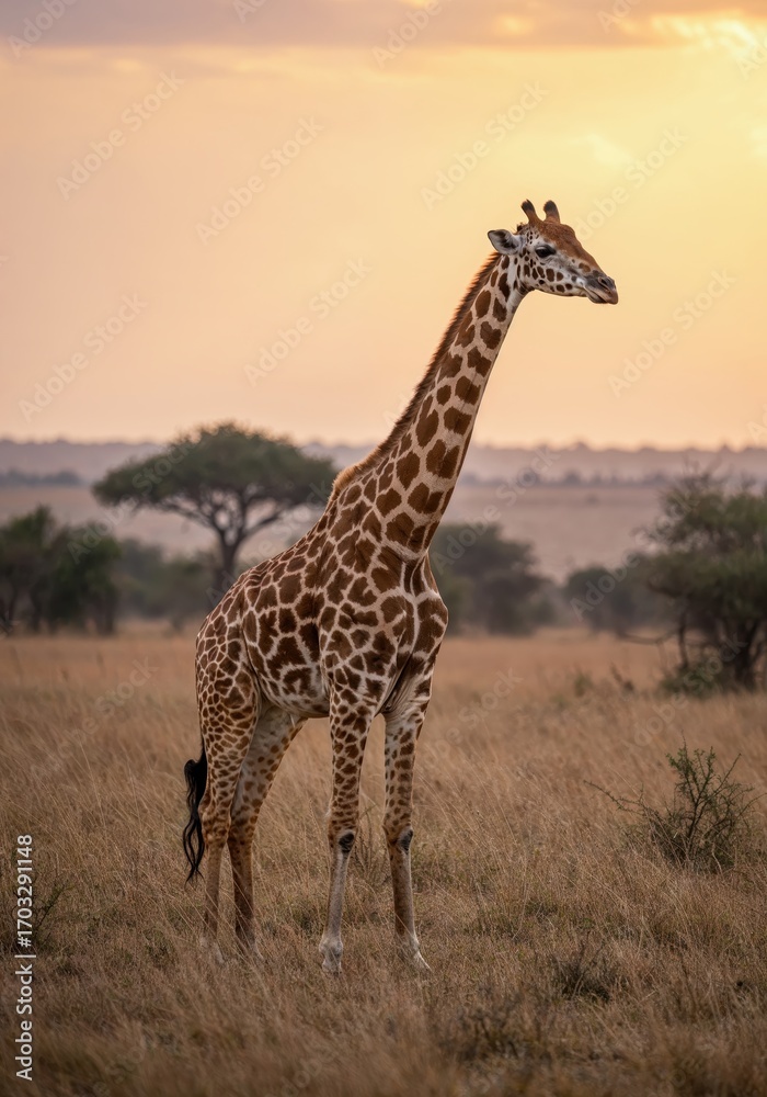 Obraz premium Majestic Giraffe in African Savannah: A tall giraffe stands gracefully amidst the vast African savannah under a beautiful sunset. The image evokes a sense of wonder.