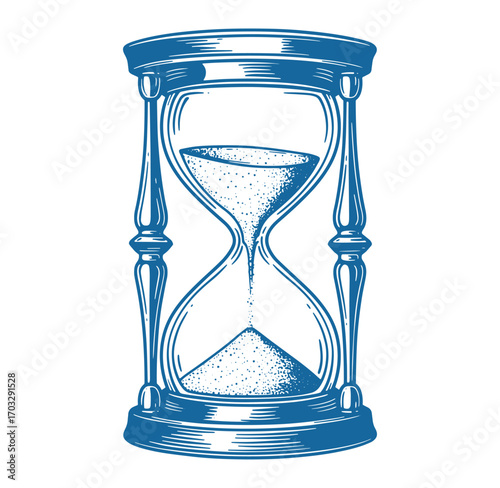 Intricate engraved hourglass illustration showing time passing and symbolic representation of time management