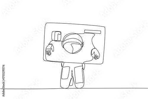 Single one line drawing an astronaut trapped head and both hands in a large credit card. Loss on return from lunar expedition. Fall into a trap. Money Bait. Continuous line design graphic illustration