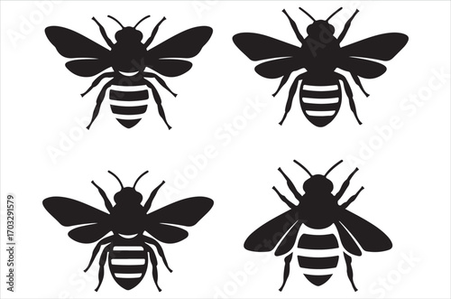 Bee set  Vector Art illustration. Bee Silhouette. Colorful bee icon. Black and white Bees. Cartoon bee icon set. flying on a dotted route isolated on the white
