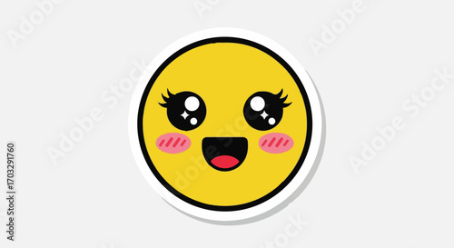 Cute blushing emoji with sparkling eyes, a happy kawaii face sticker. Vector illustration of a smiling yellow character showing adoration and joy