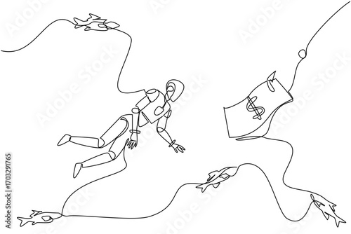 Single one line drawing robot swims and reaches for banknotes attached to a hook. Investing in an uncertain future for robots. Debt trap. Risk. Money Bait. Continuous line design graphic illustration