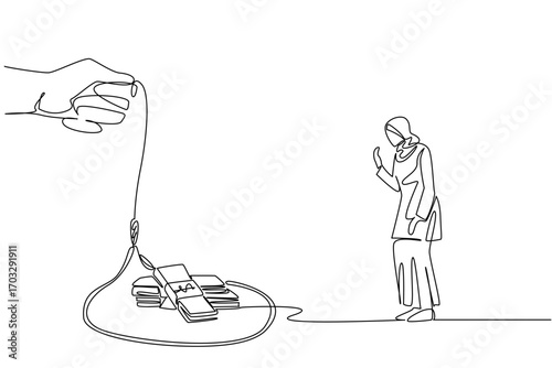 Single continuous line drawing arabian woman walking towards a rope trap containing several stacks of banknotes. Easy money with lots of risks. Trap. Money Bait. One line design vector illustration
