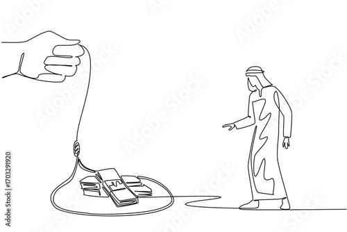 Single one line drawing arabian man walking towards a rope trap containing several stacks of banknotes. Wanting profit but instead getting loss. Money Bait. Continuous line design graphic illustration