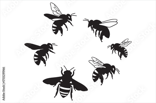 Bee set  Vector Art illustration. Bee Silhouette. Colorful bee icon. Black and white Bees. Cartoon bee icon set. flying on a dotted route isolated on the white