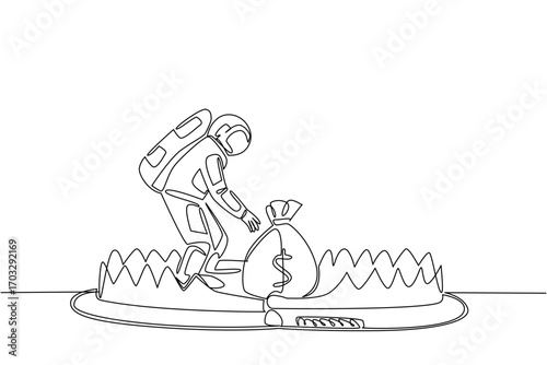 Single one line drawing astronaut is taking money bag on top of bear trap. Taking out a loan from a third party. Very detrimental in the future. Money Bait. Continuous line design graphic illustration