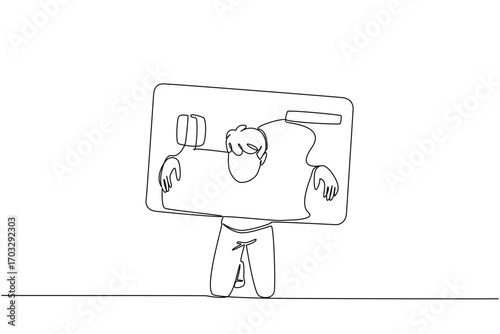 Single continuous line drawing a man trapped his head and both hands in a large credit card. Lifestyle does not match income. Deficit. Trap. Bankruptcy. Money Bait. One line design vector illustration