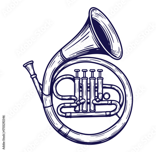 Intricate hand drawn illustration of a french horn in a detailed engraved style
