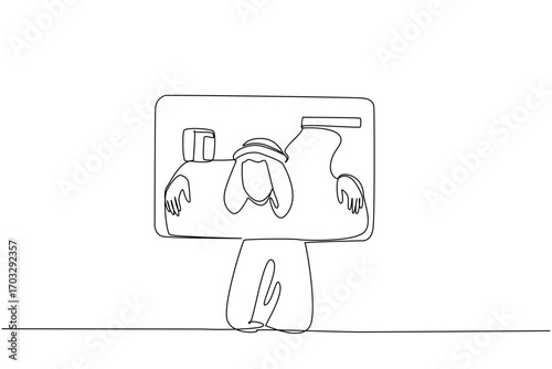Continuous one line drawing an arab man trapped his head and both hands in a large credit card. More expenses than income. Hedonistic lifestyle. Money Bait. Single line draw design vector illustration