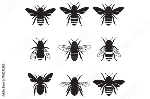 Bee set  Vector Art illustration. Bee Silhouette. Colorful bee icon. Black and white Bees. Cartoon bee icon set. flying on a dotted route isolated on the white