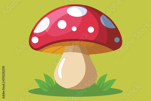 Red mushroom with white spots grows on grassy ground against a green background