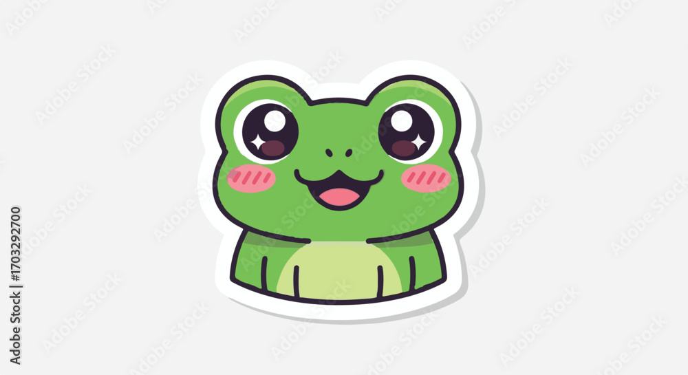 Obraz premium Adorable Kawaii frog head with big sparkling eyes and a happy smile. Cute cartoon amphibian character sticker illustration