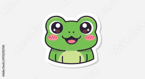 Adorable Kawaii frog head with big sparkling eyes and a happy smile. Cute cartoon amphibian character sticker illustration
