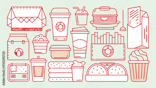 Different types of boxes and containers, including rectangular and cylindrical shapes, organized in a neat layout..eps