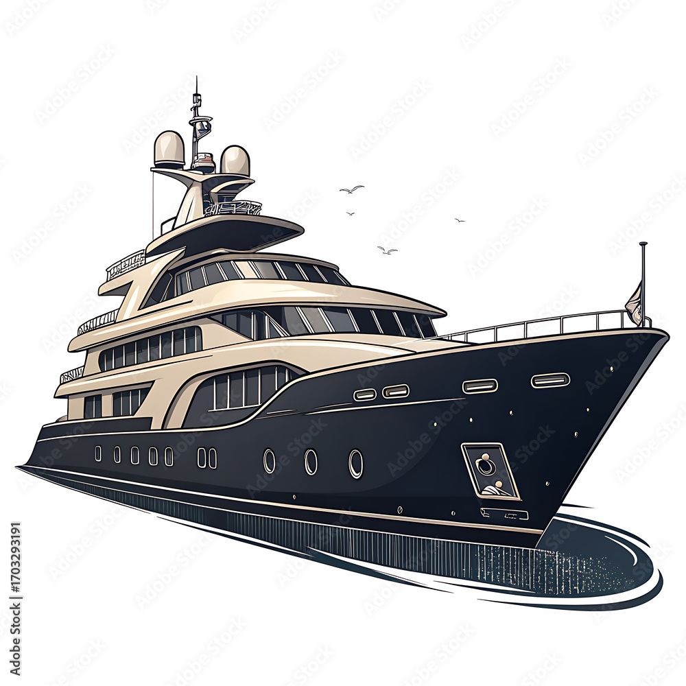 Naklejka premium Detailed illustration of a large dark blue and beige luxury motor yacht boat ship