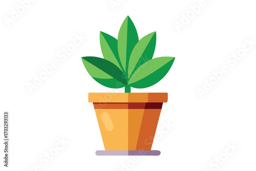 Lush green houseplant with broad leaves sits inside a light brown pot