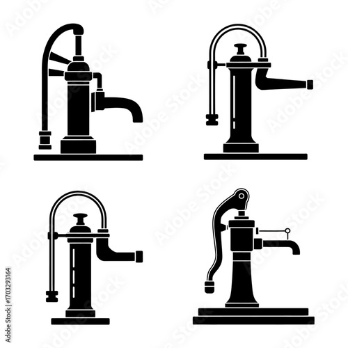 Vintage Water Pump Silhouette Collection Rustic Water Source Designs Vector Illustration Set Isolated on White Background Clean Water Well Pumps