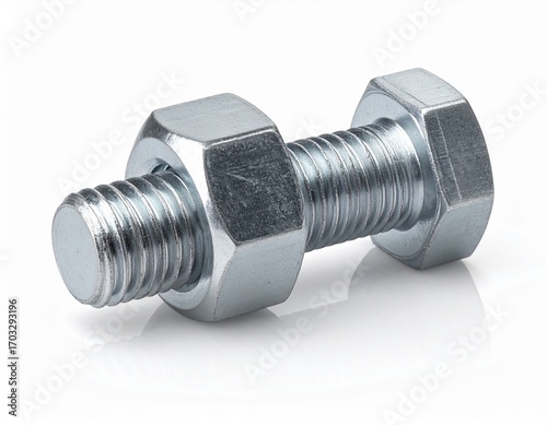A short metal bolt with two hex nuts threaded tightly on both ends, displayed on white