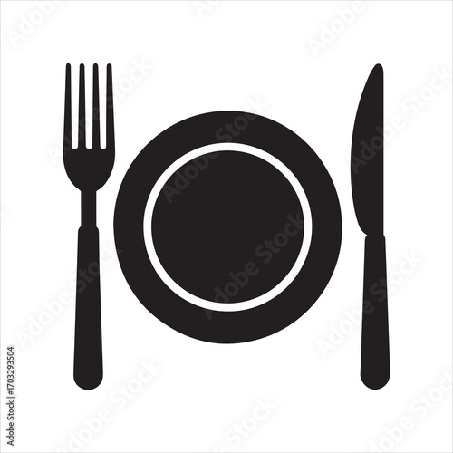 Minimalist silhouette icon of a dinner plate with cutlery isolated on transparent background silhouette