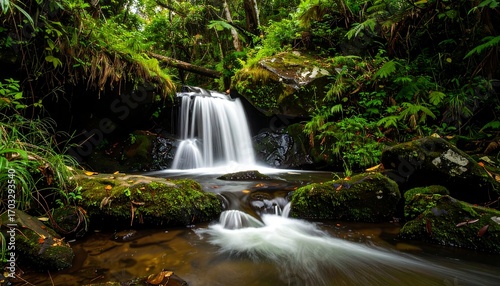 Waterfall cascades over rocks in a lush green forest, blurred water, mossy stones, and dense foliage