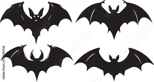 Spooky silhouettes of four flying bats for Halloween decorations and designs