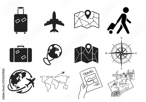 Minimal travel icons, suitcase, airplane, map, isolated vector.