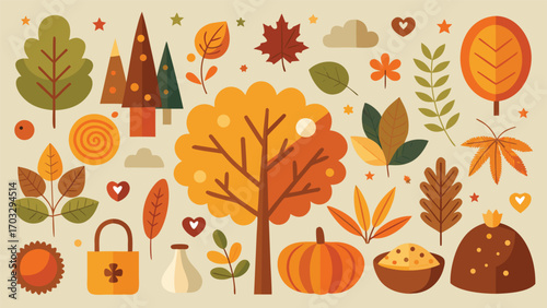 Set of clip art images displaying diverse autumn leaves and trees, capturing the rich colors and textures of autumn foliage..eps