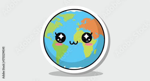 Cute cartoon world globe with a smiling chibi face and sparkling eyes, a cheerful and playful vector illustration of our happy planet Earth