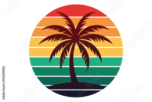 Silhouette of single palm tree against vibrant horizontal sunset stripes on an island