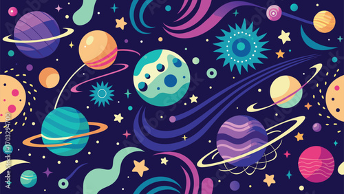 A colorful illustration of planets and twinkling stars set against a deep space backdrop..eps