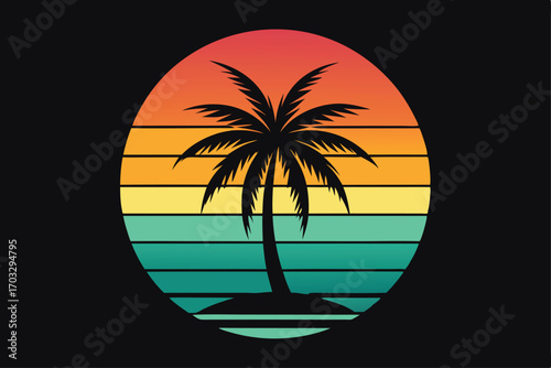 Retro sunset silhouettes a palm tree over horizon colored with vintage striped design