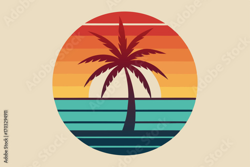 Retro sunset backdrop features a tropical palm tree over blue ocean and orange sky
