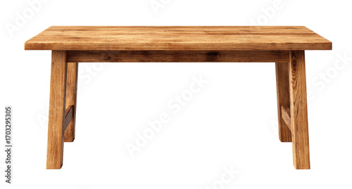 Simple, light brown wooden table.  Solid rectangular tabletop with chunky,  straight  legs.  Empty surface