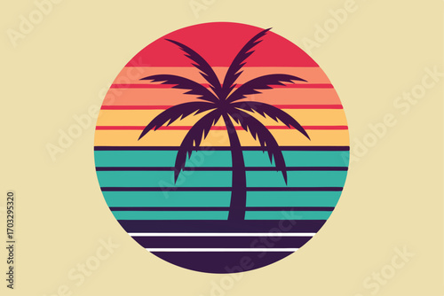 Palm silhouette layered over retro sunset colored bands forms an island themed emblem