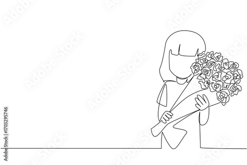 Continuous one line drawing a girl carrying a bouquet of flowers. Very beautiful red roses for mother. Fragrance and beauty. Bring Flowers To Someone Day. Single line draw design vector illustration