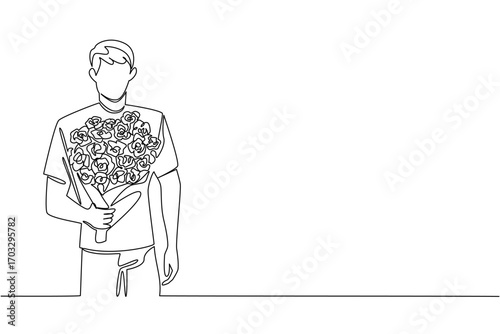 Single continuous line drawing man holding bouquet of flowers posing as if he wants to give the flowers. Sincere apology. Great love. Bring Flowers To Someone Day. One line design vector illustration