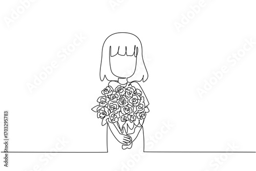 Continuous one line drawing  a girl holding a bouquet of flowers posing as if she wants to give the flowers. Surprise for mom. Bring Flowers To Someone Day. Single line draw design vector illustration