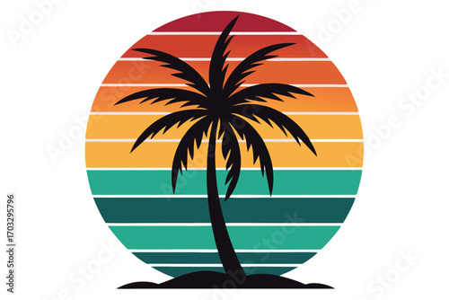 Silhouette of a palm tree against a retro sunset circle with horizontal stripes