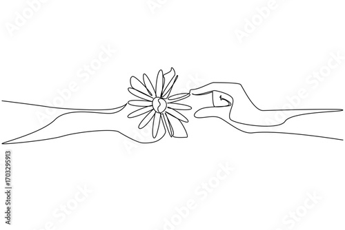 Single continuous line drawing hand giving a flower in hand. Top view. Showing off beauty. Expression of gratitude. Partner in love. Bring Flowers To Someone Day. One line design vector illustration