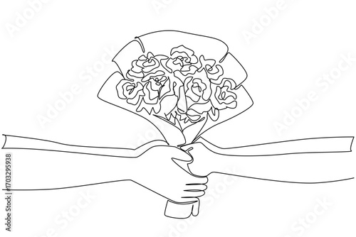 Single one line drawing hand giving a bouquet of flowers to the other hand. A pair of hands let go of longing. Couple married. Bring Flowers To Someone Day. Continuous line design graphic illustration