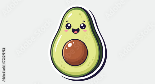 Charming illustration of a kawaii avocado character with a big smile. A cute and happy fruit mascot vector graphic for healthy food branding and sticker design