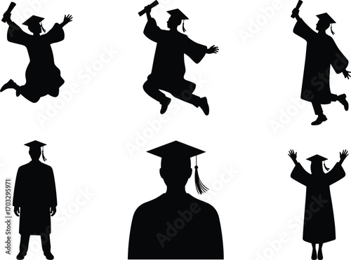 Graduation silhouette vector set with students celebrating, jumping, and holding diplomas in cap and gown for education themes.