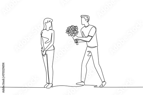 Single continuous line drawing man carries bouquet of flowers and wants to give it to a woman. Chasing the woman of the dreams. Love. Bring Flowers To Someone Day. One line design vector illustration