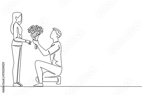 Continuous one line drawing a man kneeling while giving a bouquet of flowers to a woman. The long awaited moment. True love. Bring Flowers To Someone Day. Single line draw design vector illustration