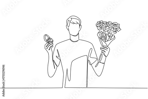 Single continuous line drawing a man holding a bouquet of flowers and the other hand holding a ring. Surprise night. Beloved. Happy. Bring Flowers To Someone Day. One line design vector illustration
