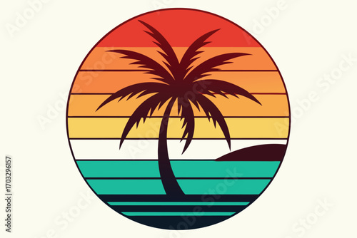 Dark palm silhouette stands before a colorful striped sunset inside a round frame